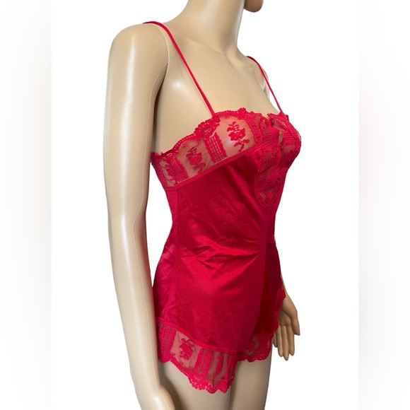 Formfit Vintage 70s Red Sheer Romantic Lace Button Up Lingerie Romper Teddie - Picture 3 of 11